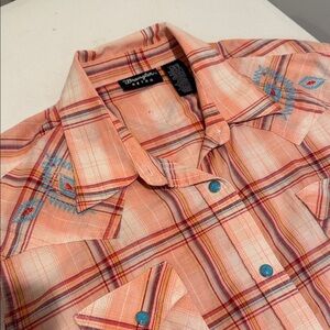 Earthy Colorful Embroidered Plaid Turquoise Snap Button Down Western Rustic L